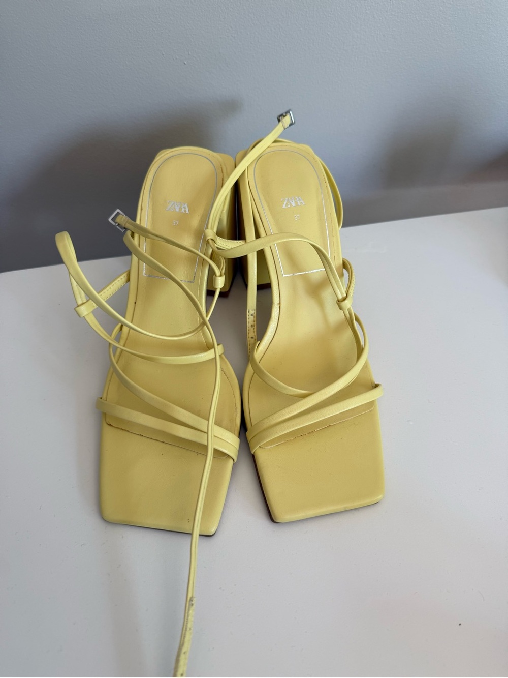 Zara Pale Yellow Strappy Square-Toe Block Heels